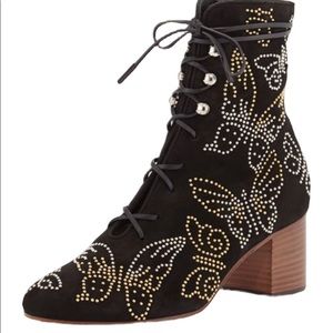 Valentino Garavani Black Suede Butterfly Studded Lace-Up Ankle Boot NEW